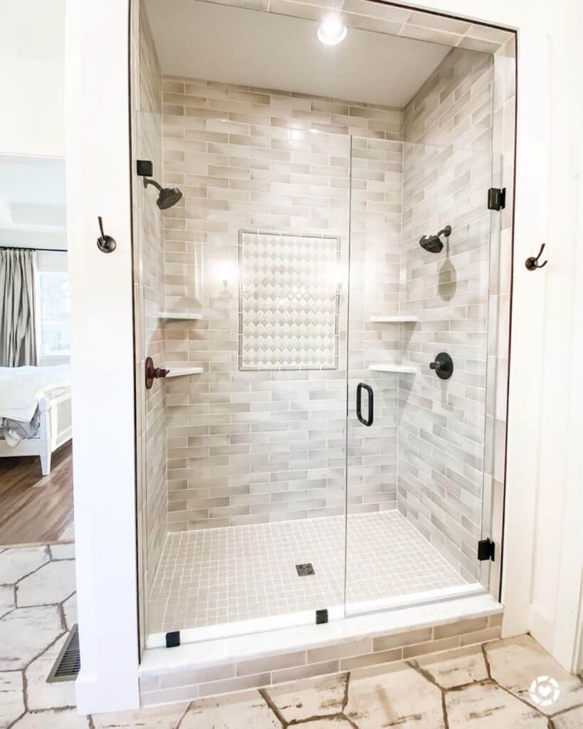 Bathroom with Beige Staggered Tile Shower