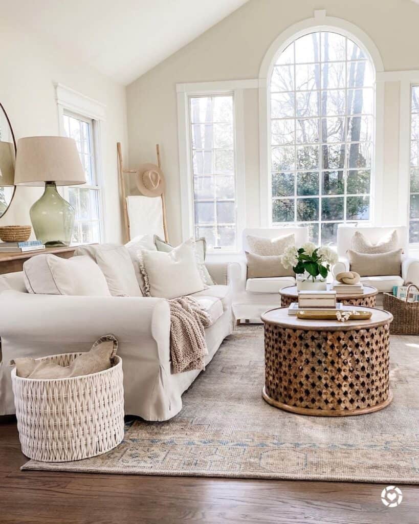Beige Couch with Round Wood Lattice Coffee Tables