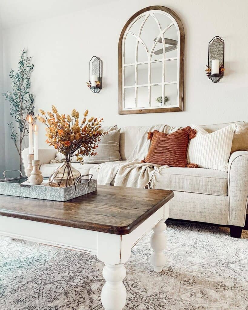 Beige Couch with Two-toned Wood Coffee Table