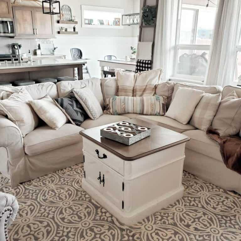Beige Sectional Couch with Two-toned Coffee Table