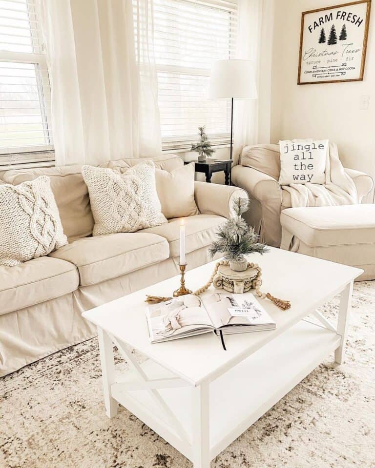 Beige Sofa with Beige Knit Throw Pillows