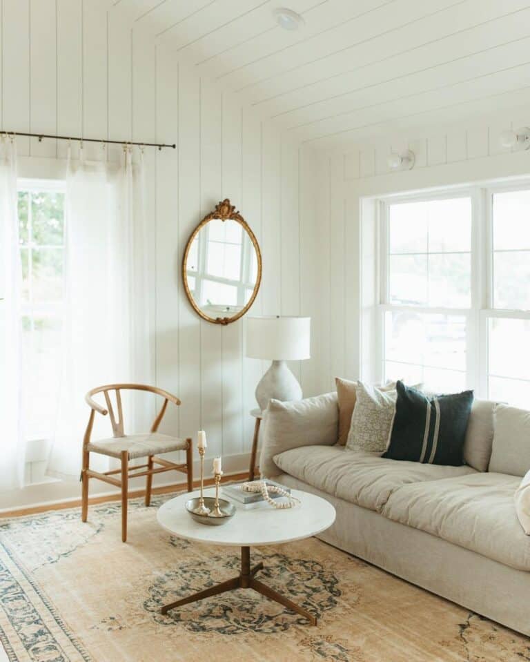 Beige Sofa with Wood Wishbone Chair