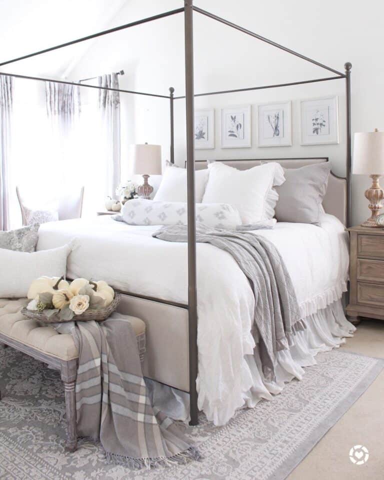 Beige and Taupe Queen Size Canopy Bed Frame