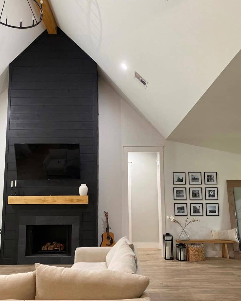 Black Shiplap Cathedral Ceiling Fireplace