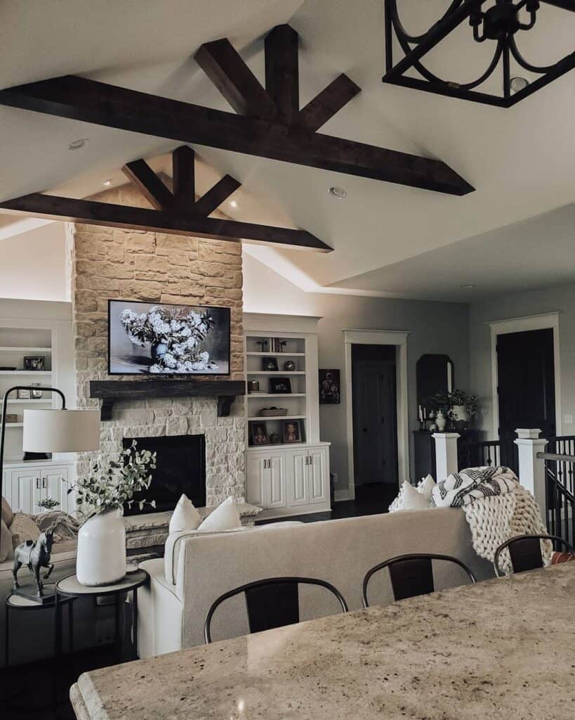 Black Stained Wood Ceiling Trusses in Living Room