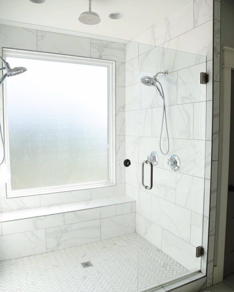 White and Gray Herringbone Tile Shower Floor