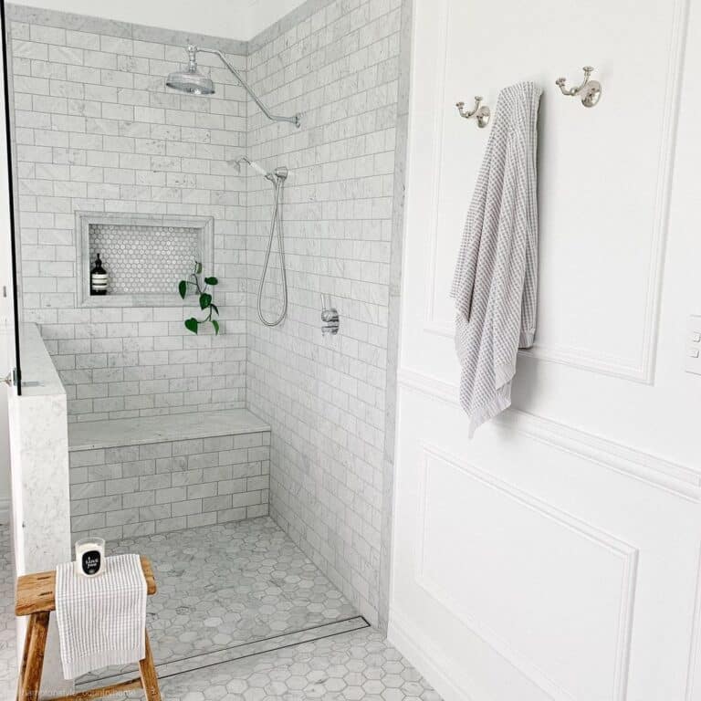 Subway Tile Shower with Shower Niche and Stool