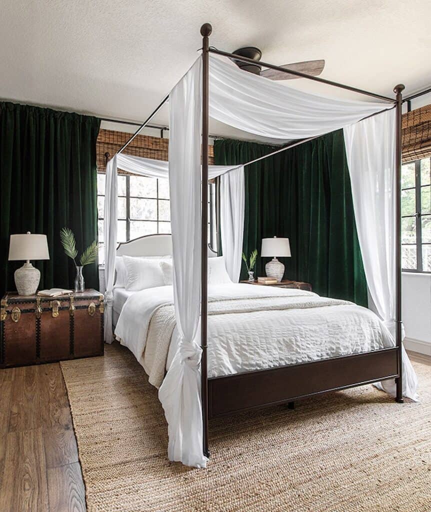 Bronze Canopy Bed Frame with White Drapes