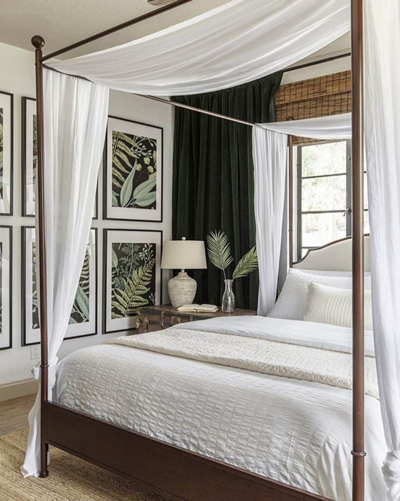 Brown King Canopy Bed with White Drapes