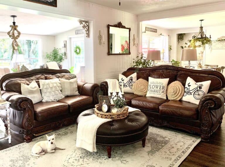 Brown Leather Couch with Antique Dark Wood Frame