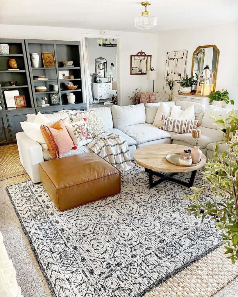 Brown Leather Ottoman with Beige Sectional Couch