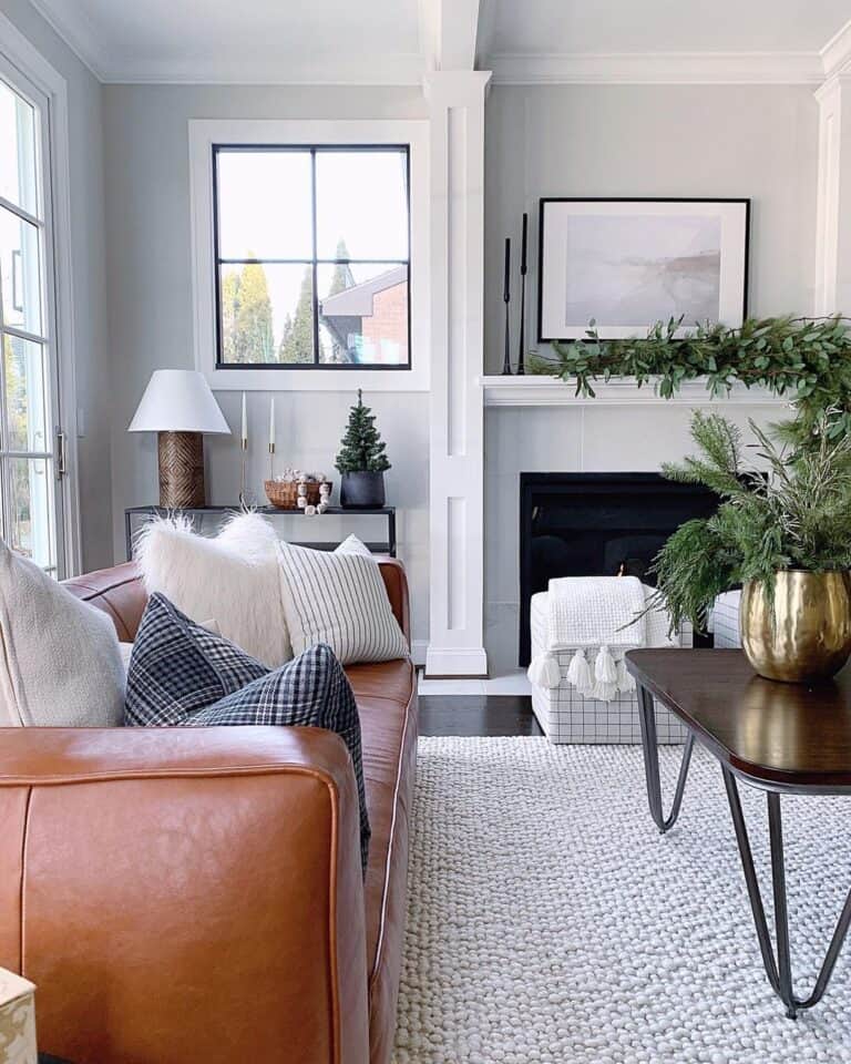 Brown Leather Sofa with Coffee Table