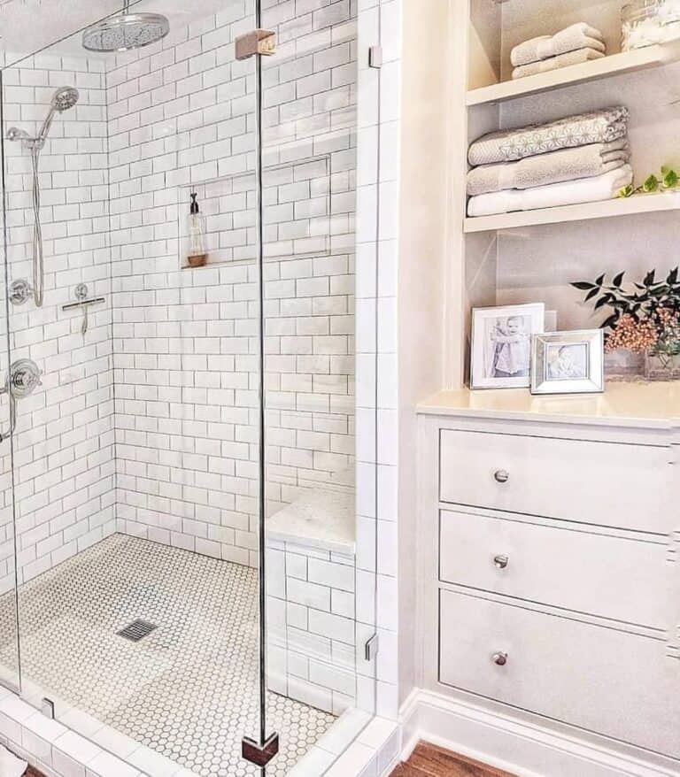 Large Farmhouse Bathroom With Glass Enclosed Shower