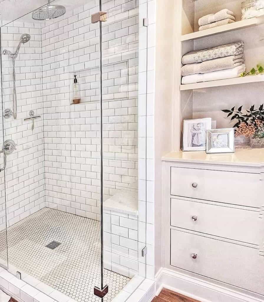 Large Farmhouse Bathroom With Glass Enclosed Shower