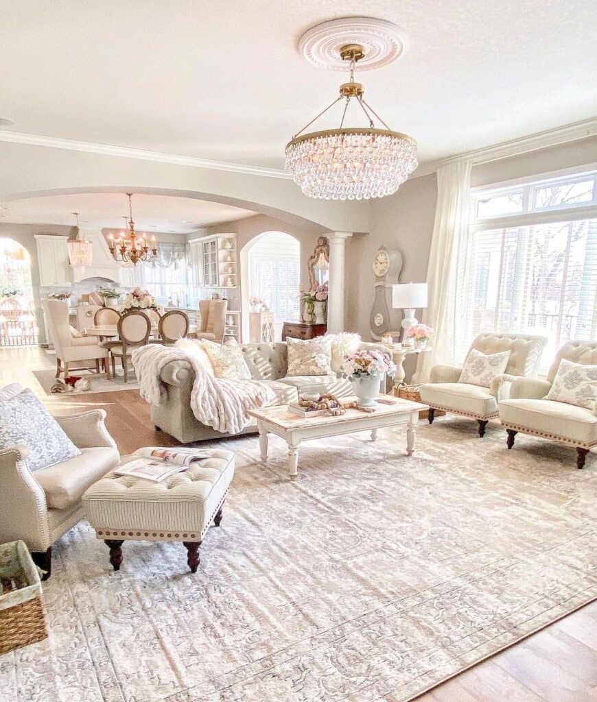 Chesterfield Couch with Beige Tufted Side Chairs