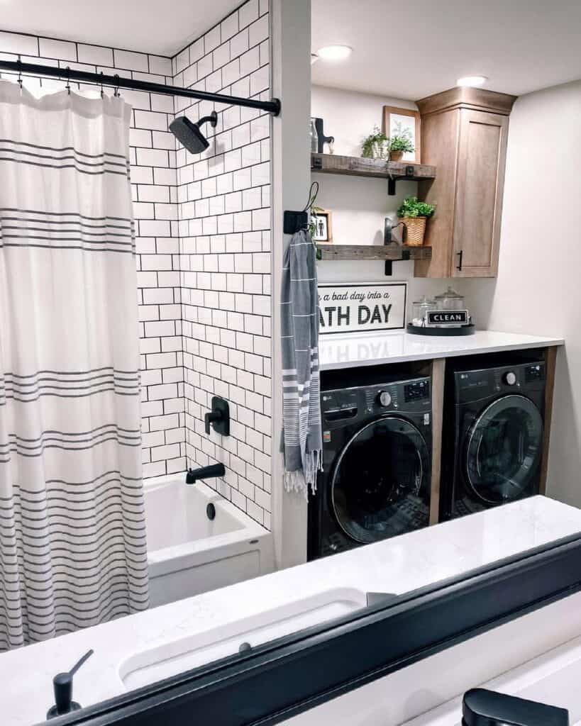 Black Shower Head Set Behind a Black and White Curtain