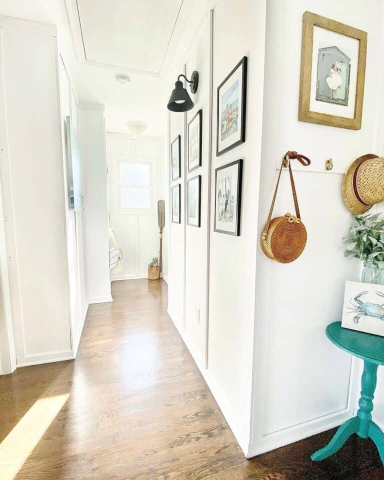 Cottage Gallery Wall Hallway with All-White Walls