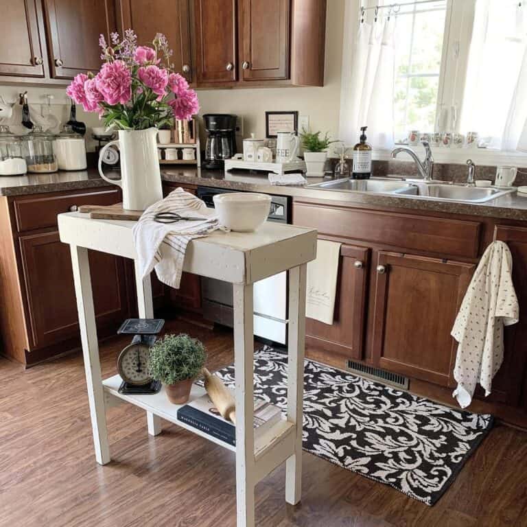 Stained Wooden Cabinets with Wooden Kitchen Island