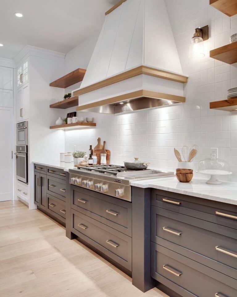 Dark Grey Kitchen Cabinets with Brass Pulls