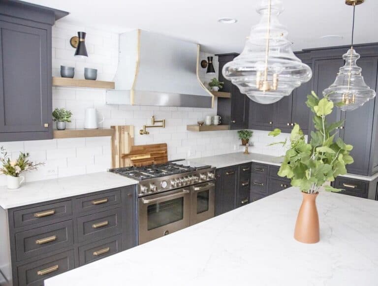 Dark Grey Kitchen Cabinets with Gold Hardware