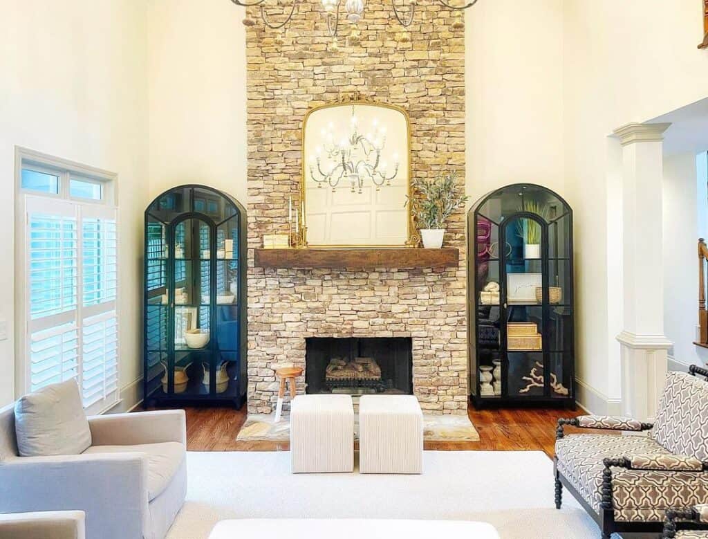 Dry Stacked Stone High Ceiling Fireplace