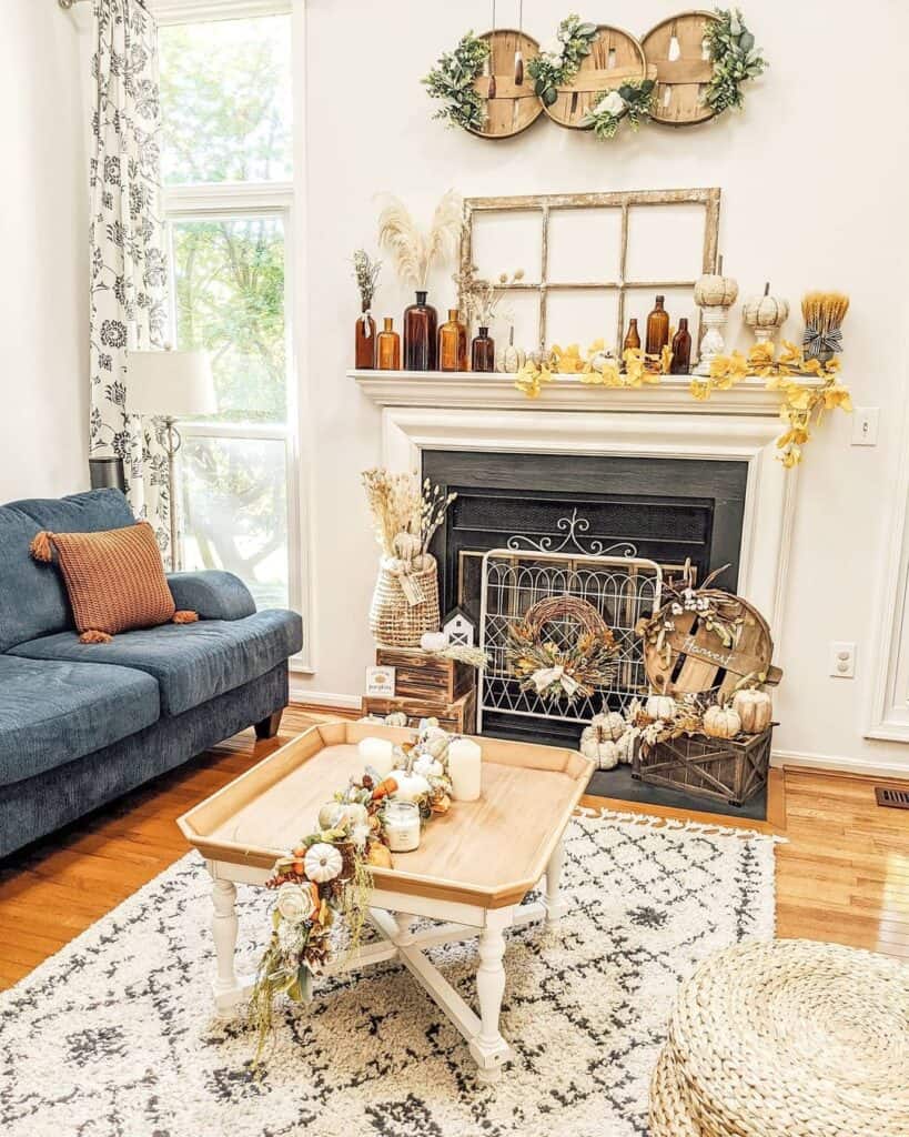 Living Room with Wood Non-working Fireplace Decor