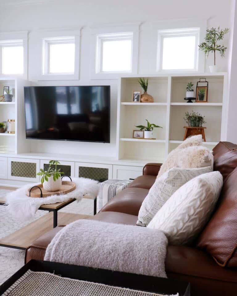 Farmhouse Living Room with Brown Leather Couch