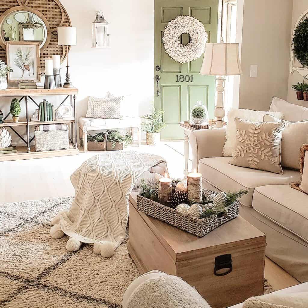 Farmhouse Living Room with Diamond Pattern Rug