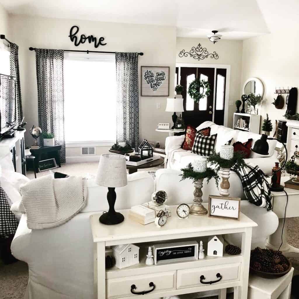 Farmhouse Living Room with Window Curtains