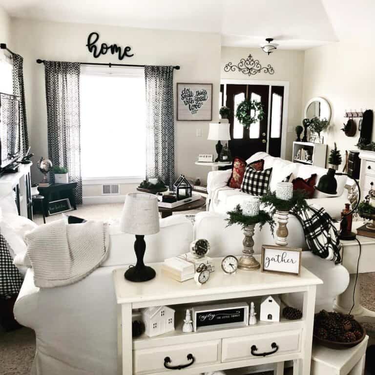 Farmhouse Living Room with Window Curtains