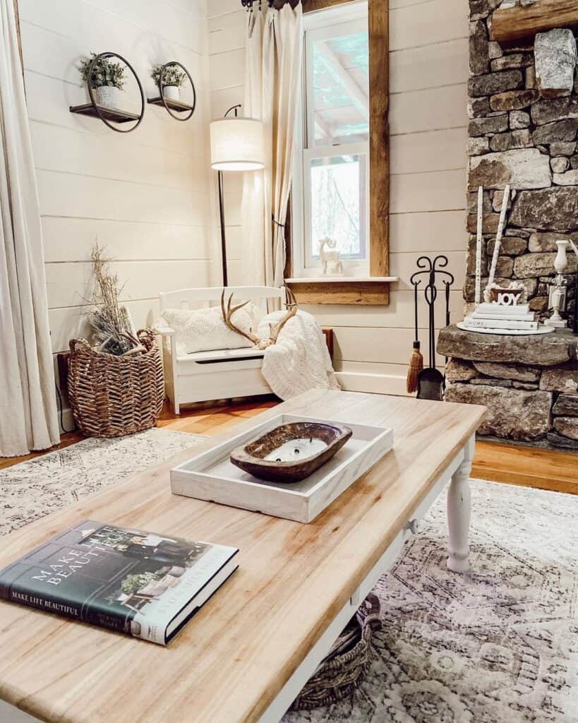 Farmhouse Window with Ivory Curtain Treatment