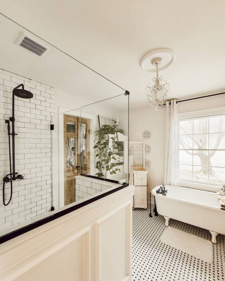 White Subway Tile Shower with Black Rain Shower Kit