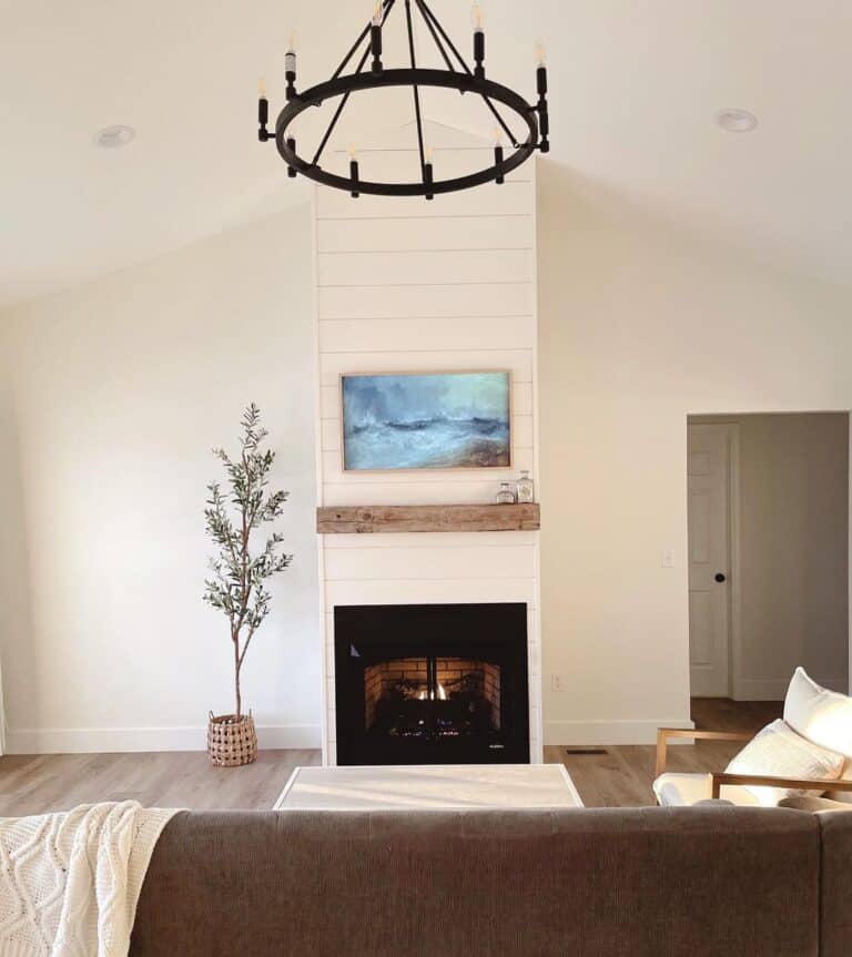 Floor to Ceiling Ivory Shiplap Fireplace
