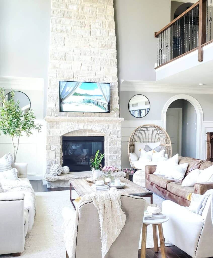 Whitewashed Stone Fireplace in Living Room