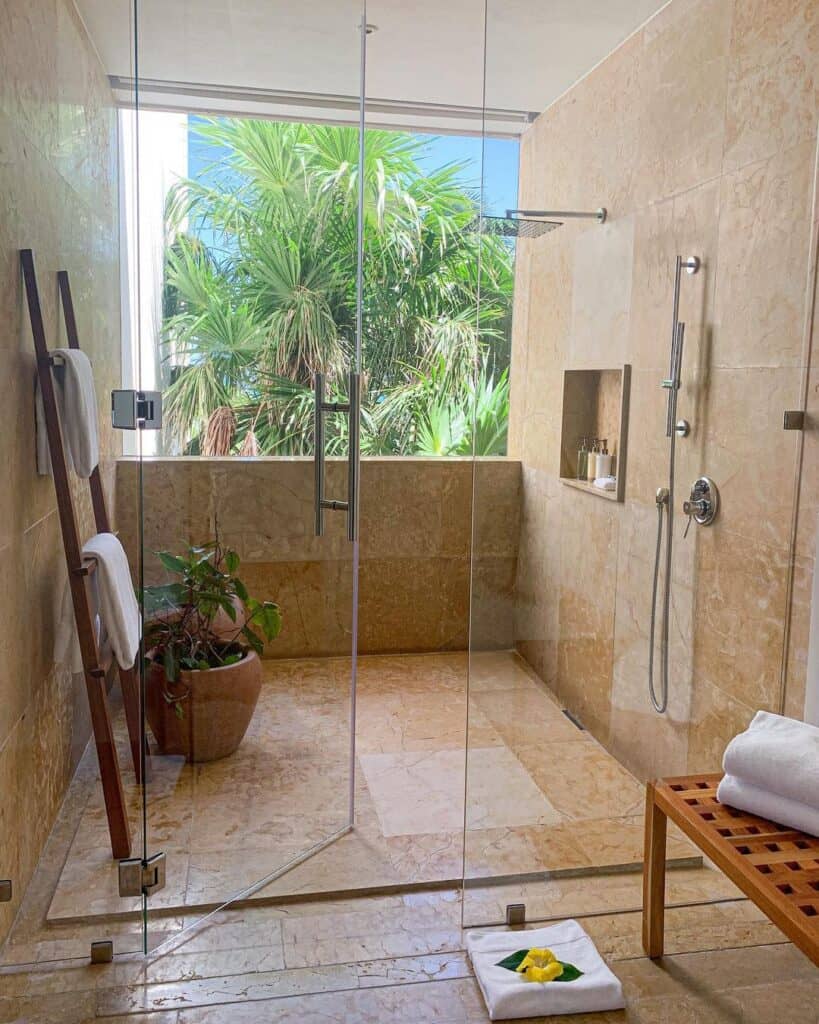 Beige Square Tile Shower with Niche