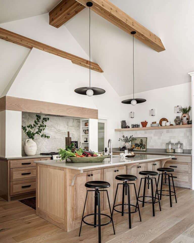 Black Bar Height Stools With a Wood Kitchen Island