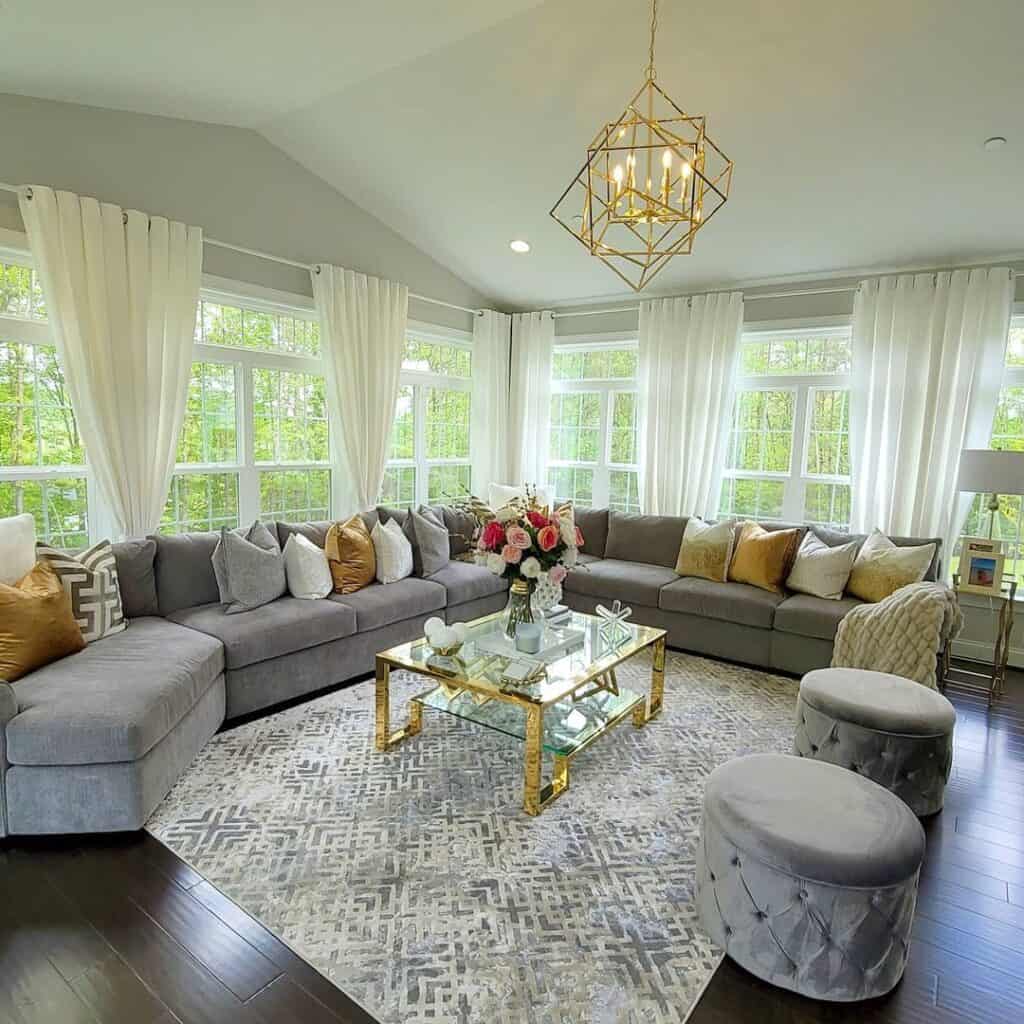Gold and Glass Coffee Table for Gray Sectional Sofa