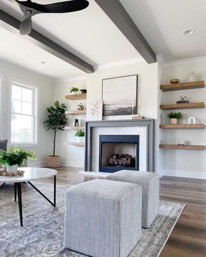 Gray Ceiling Beams in Living Room and Floating Shelves Fireplace