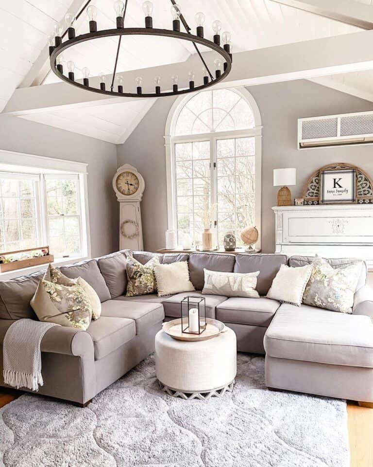 Gray Living Room with Wagon Wheel Chandelier