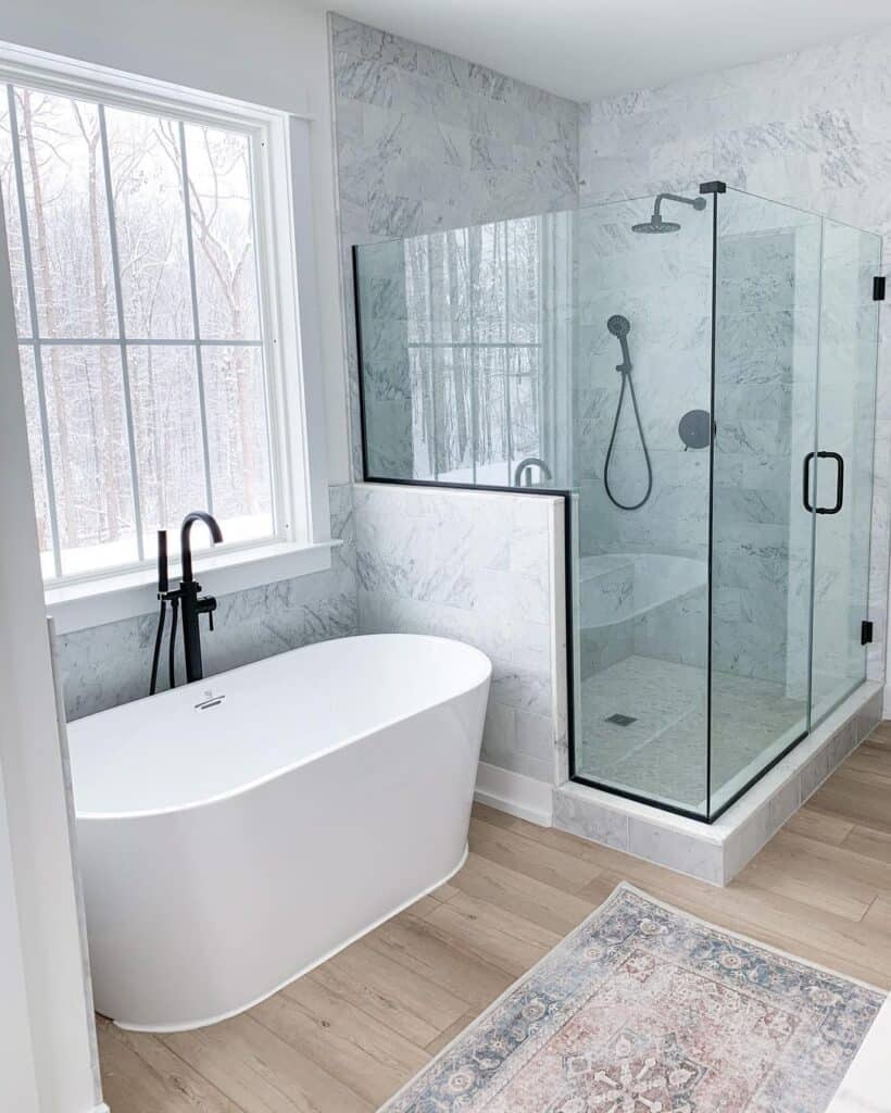 Gray Marble and Glass Shower with Black Hardware