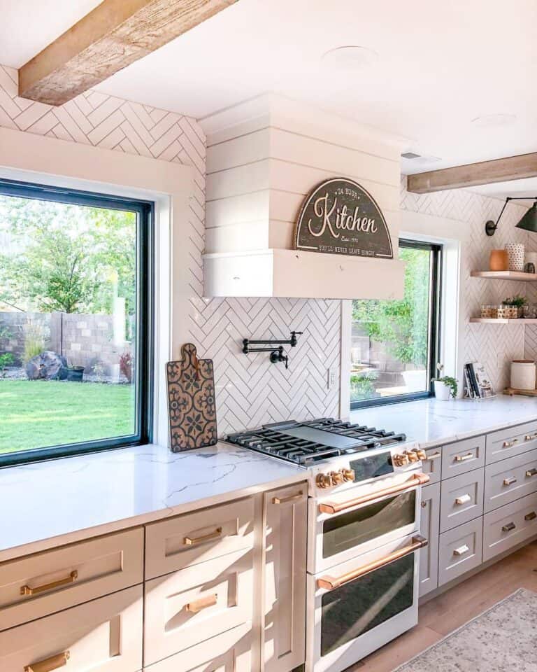 Grey Kitchen Cabinets with Gold Hardware