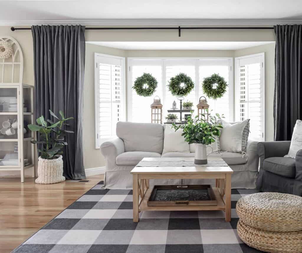 Grey Slipcovered Couch with Coffee Table