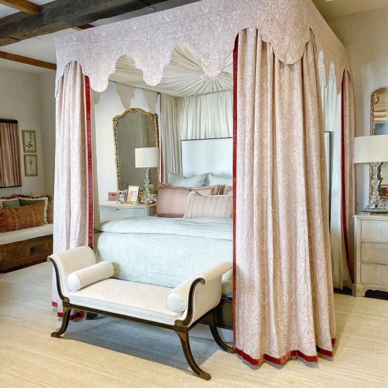 King Size Canopy Bed with Pink Curtains