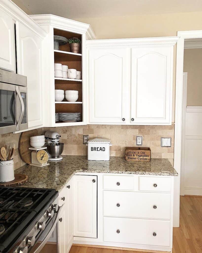 L-shape Kitchen with White Open Corner Cabinet