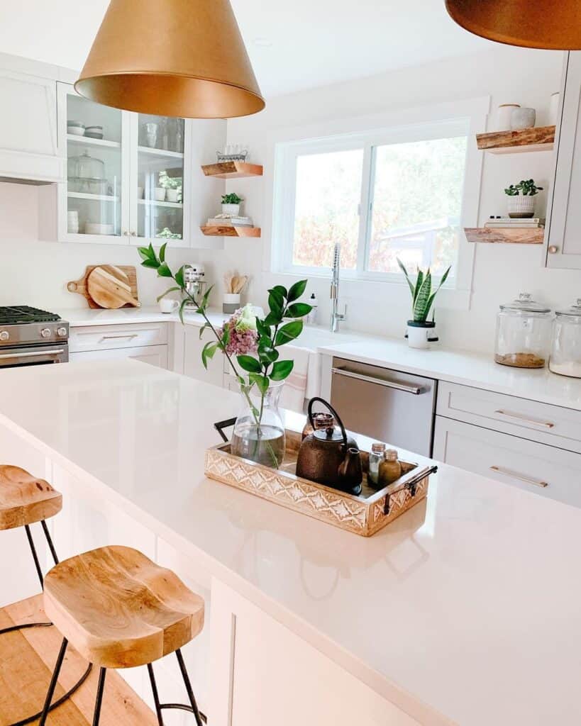 Light Grey Kitchen Cabinets with Gold Hardware