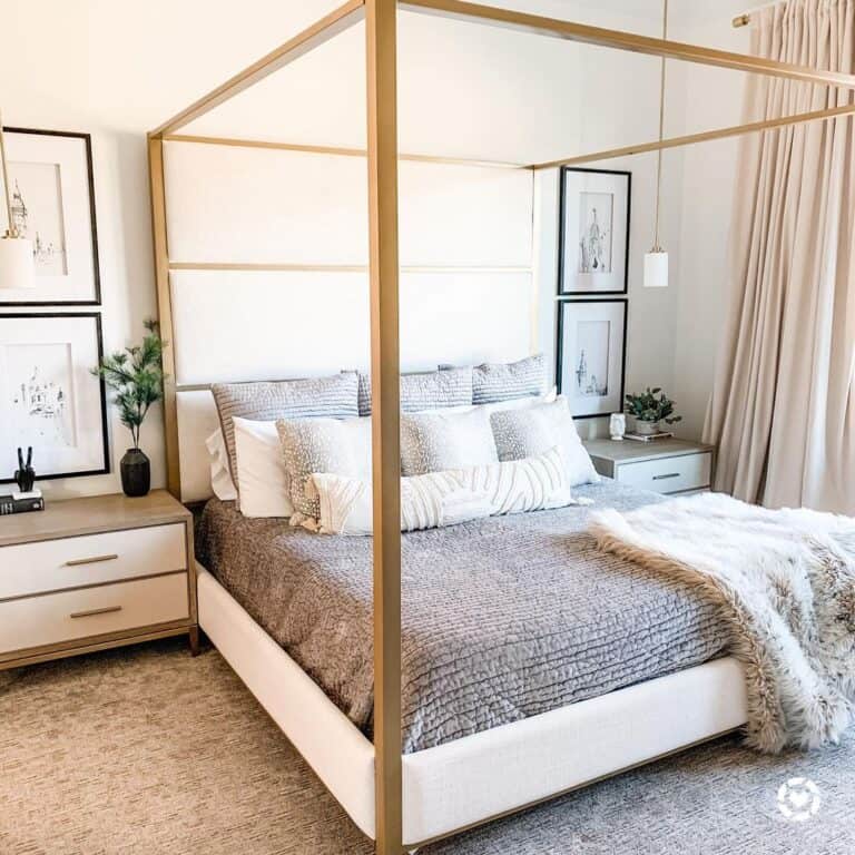 Light Wood and Beige King Size Canopy Bed Set