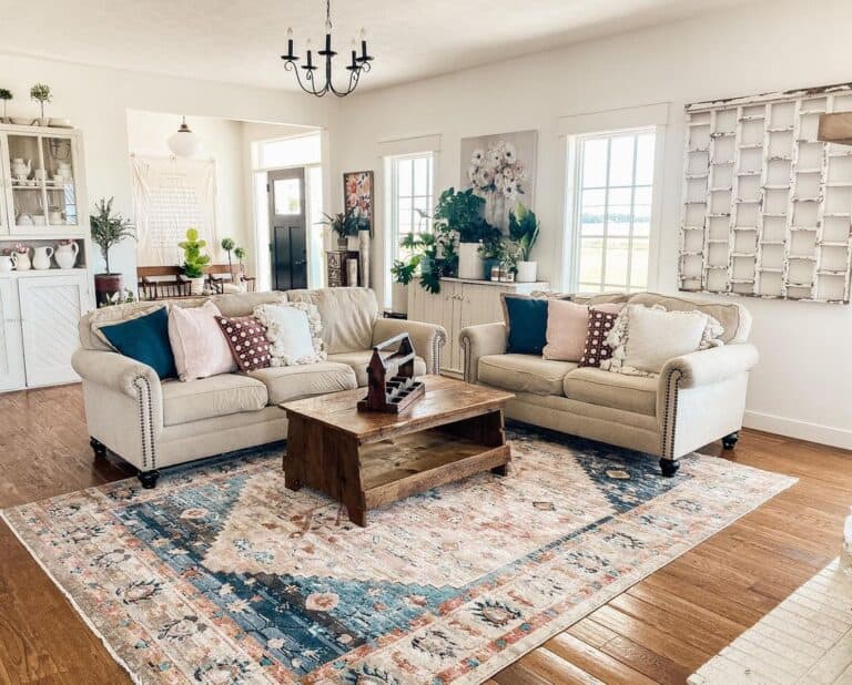 Living Room with Beige Loveseat and Couch
