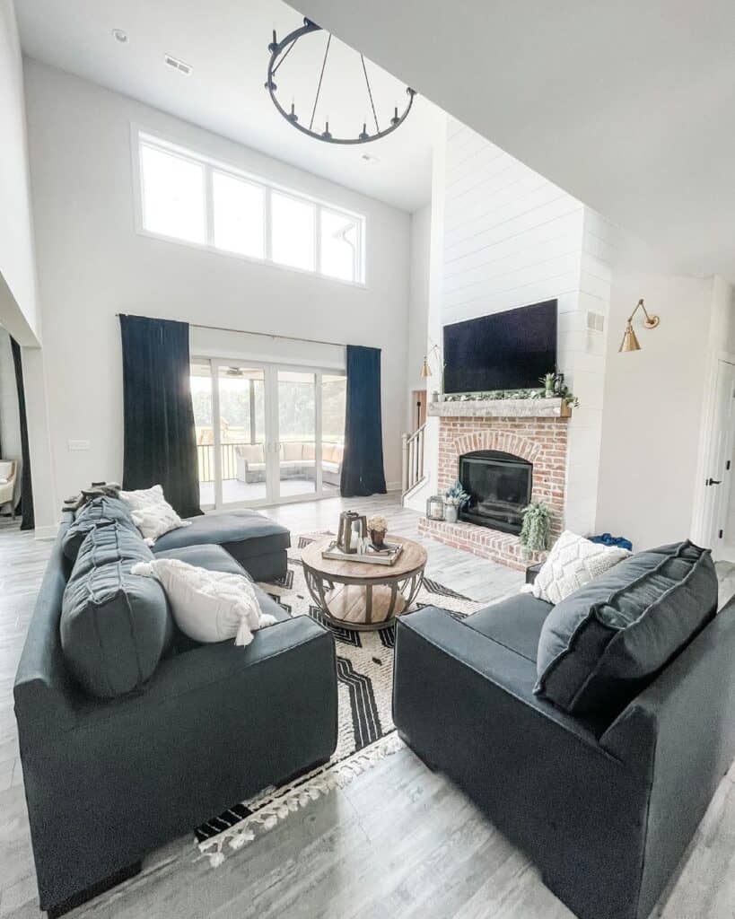 Living Room with Brick and Shiplap Fireplace