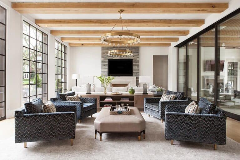 Living Room with Round Brass Chandeliers