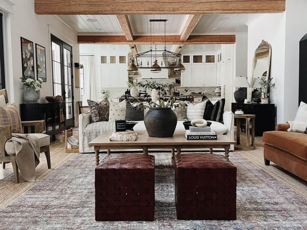 Living Room with White Shiplap Ceilings